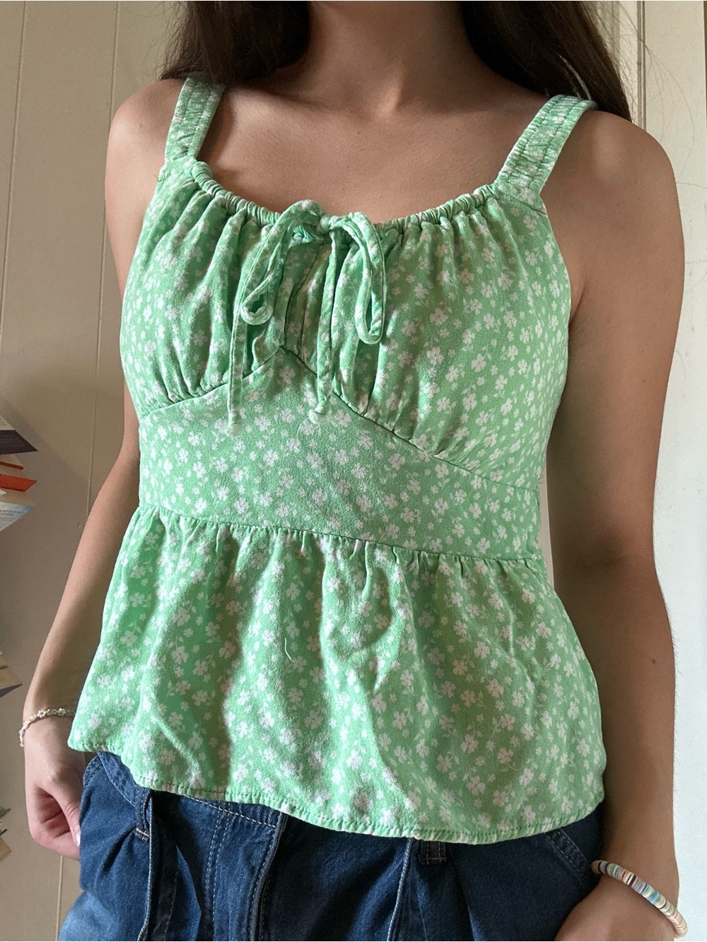 Medium Floral Tie-Front Peplum Cami in Green